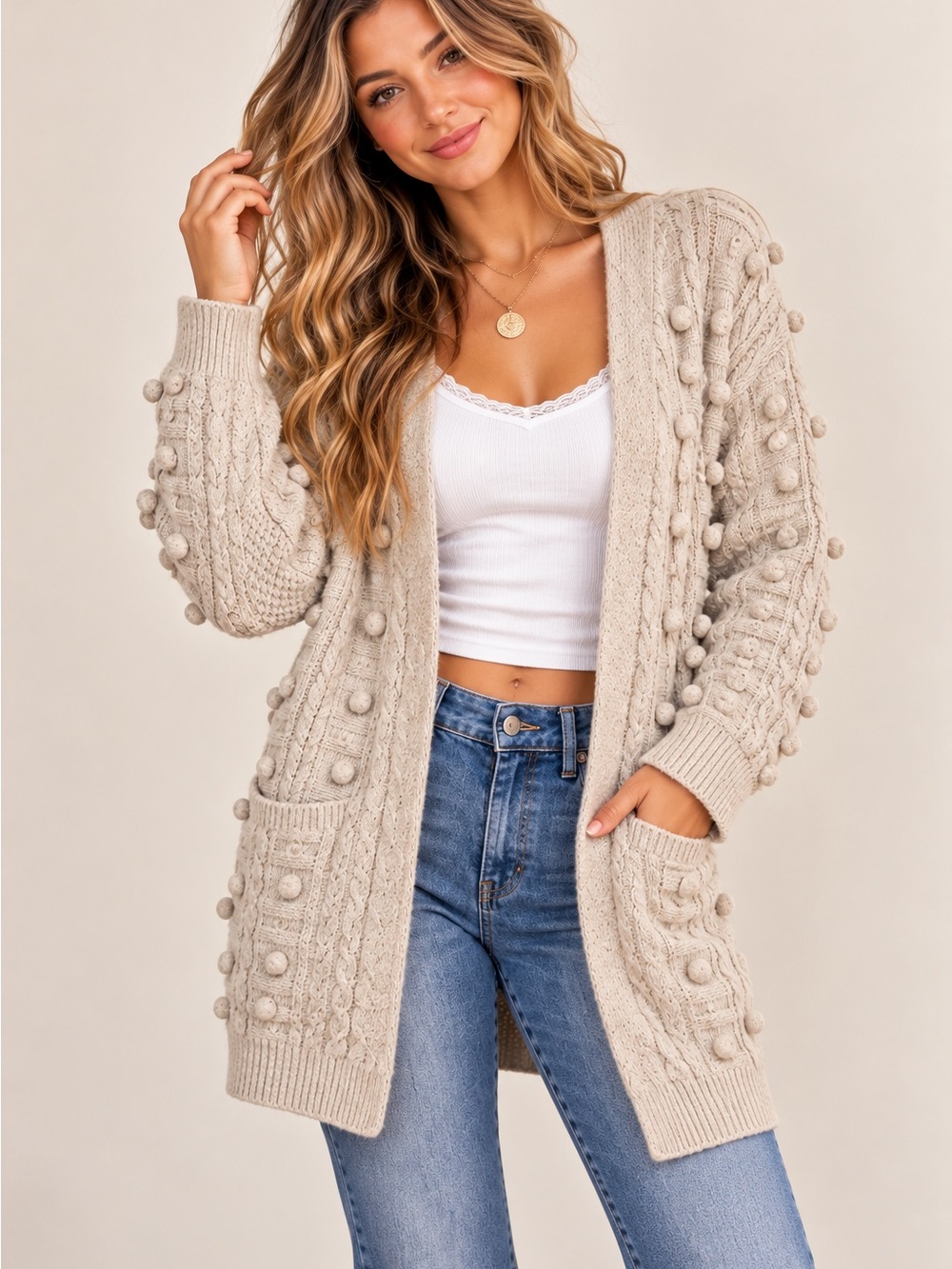 Bohme Beige Pom-Pom Knit Open Cardigan Sweater Boho Cozy Size Small cottagecore